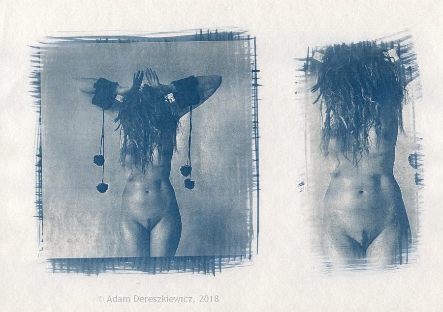 Toned cyanotype fine art nude dual image print, handmade