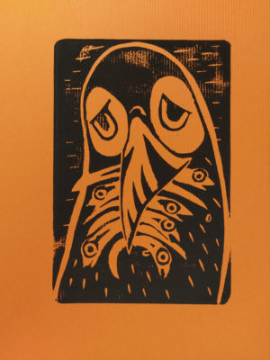 Sad puffin. Limited edition linotype on yellow ribbed paper. A4